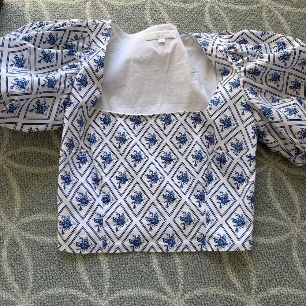 Caroline Constas Tessa Cotton Blend Blue and White Floral Puff Sleeve Top